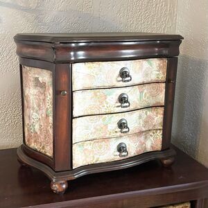 Refinished Jewelry Chest With Floral Accents 4 Drawers Swing Out Sides Lift Top